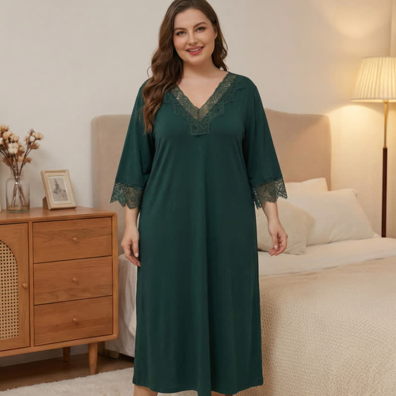 Lace Trim Nightgown Loungewear - Green - 5XL - image 5