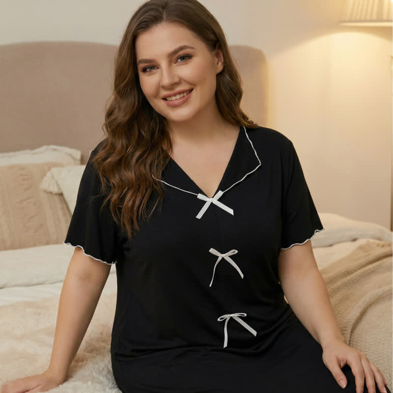 Elegant Bow Trim Loungewear - Black - 5XL - image 5