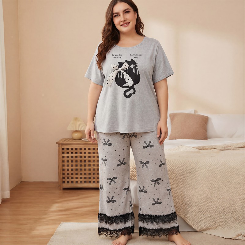 Soft Bow Cat Print Pajama Set - Grey - 4XL - image 3