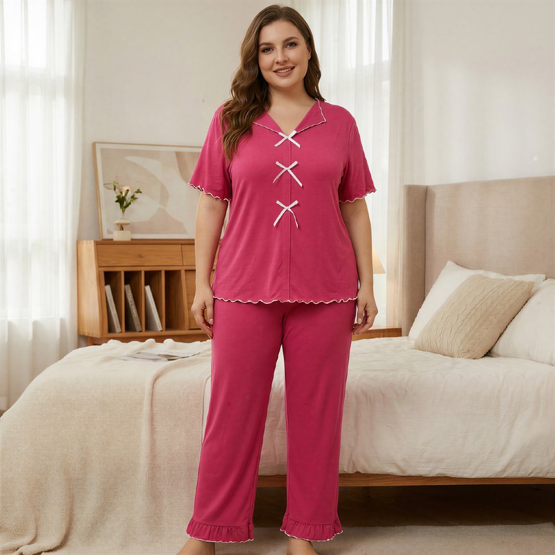 Classic Bow Trim Pajama Set - Rose - 5XL - image 4