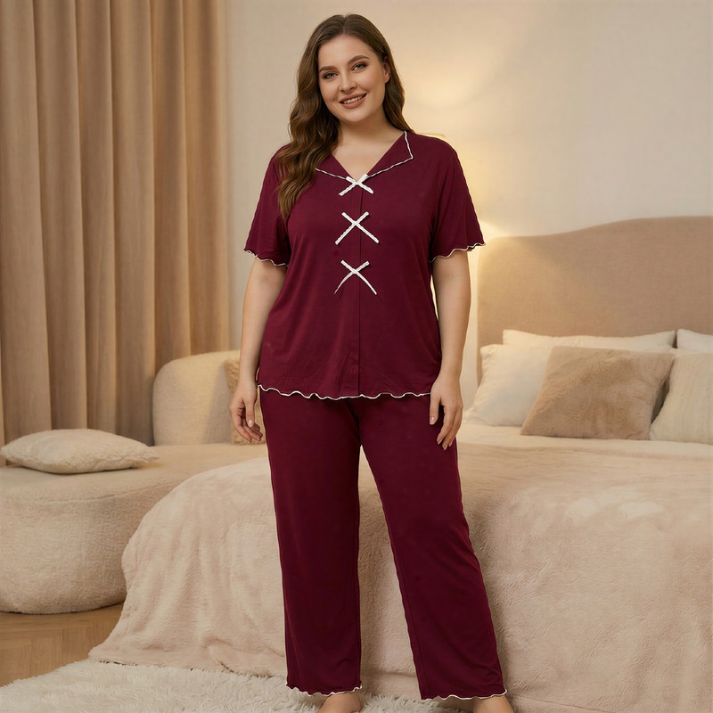Classic Bow Trim Pajama Set - Wine - 5XL - image 2