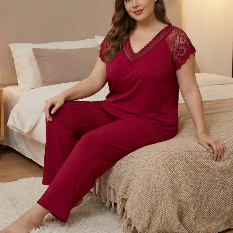 Ribbed Lace Trim V Neck Pajama Set - Red - 4XL - image 7