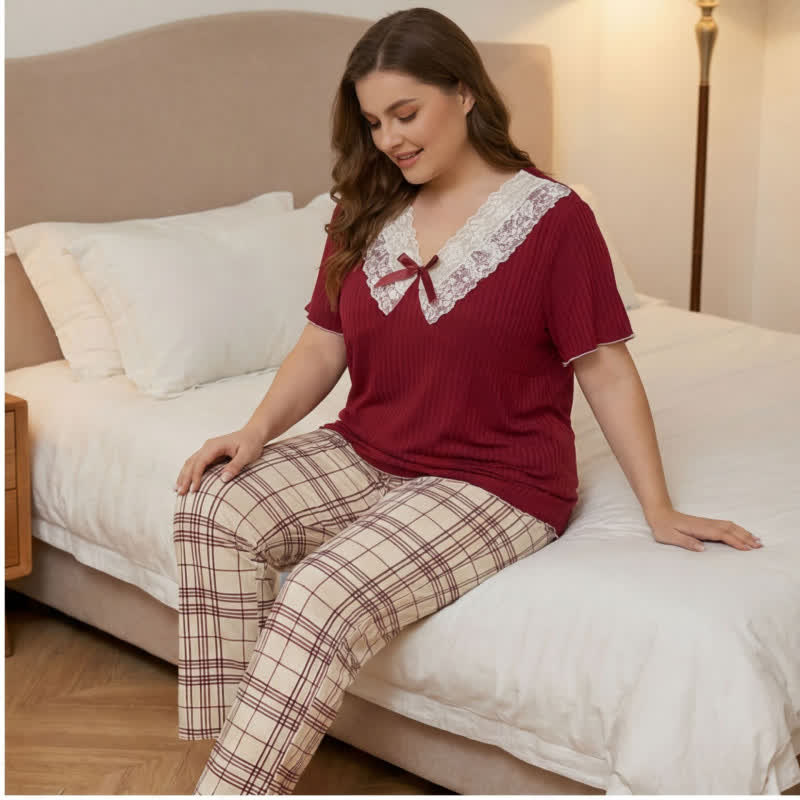 Lace Collar Plaid Pajama Set - image 3