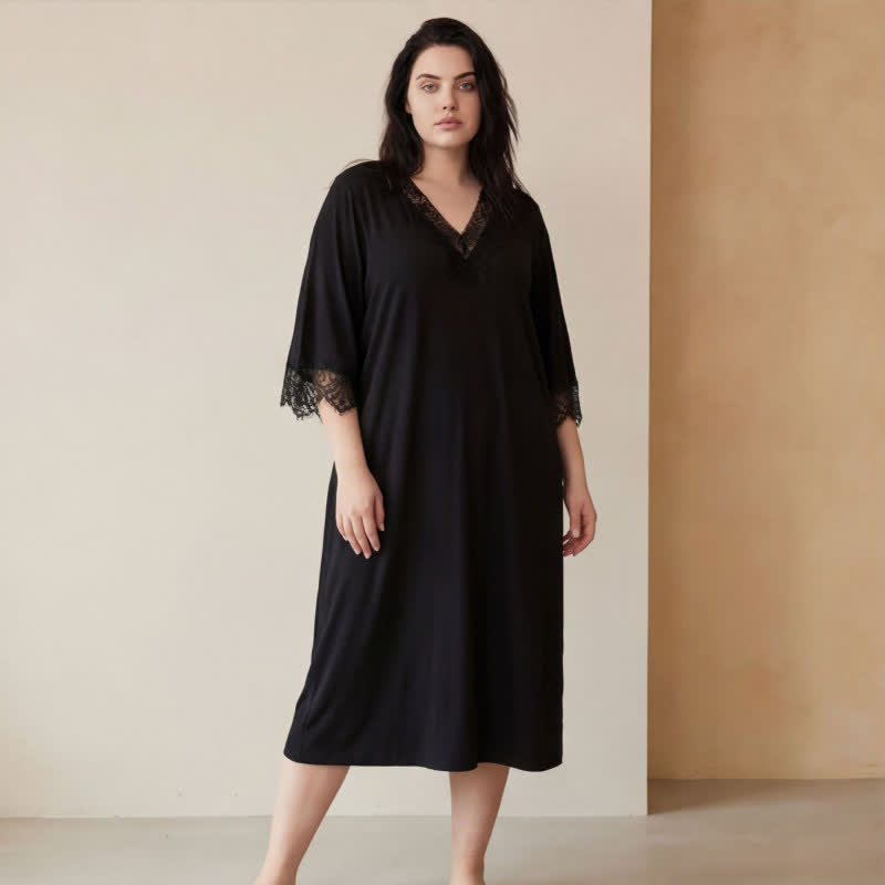 Lace Trim Nightgown Loungewear - Black - 5XL - image 6