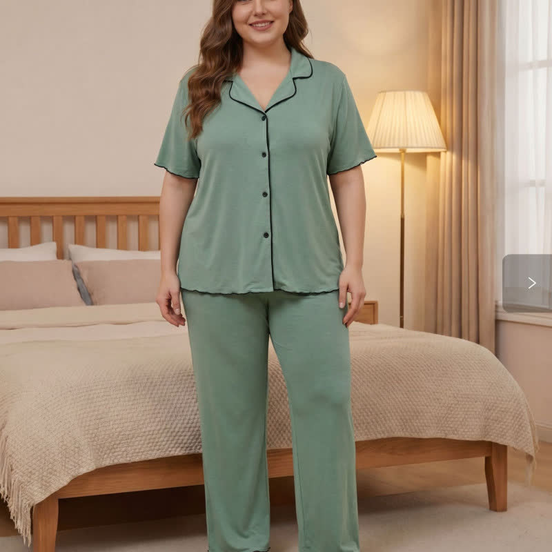 Plus Size Contrast Trim Pajama Set - Green - 4XL - image 14