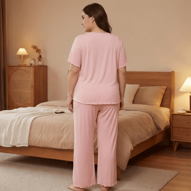 Plus Size Soft Pink Lace Trim Pajama Set - image 3