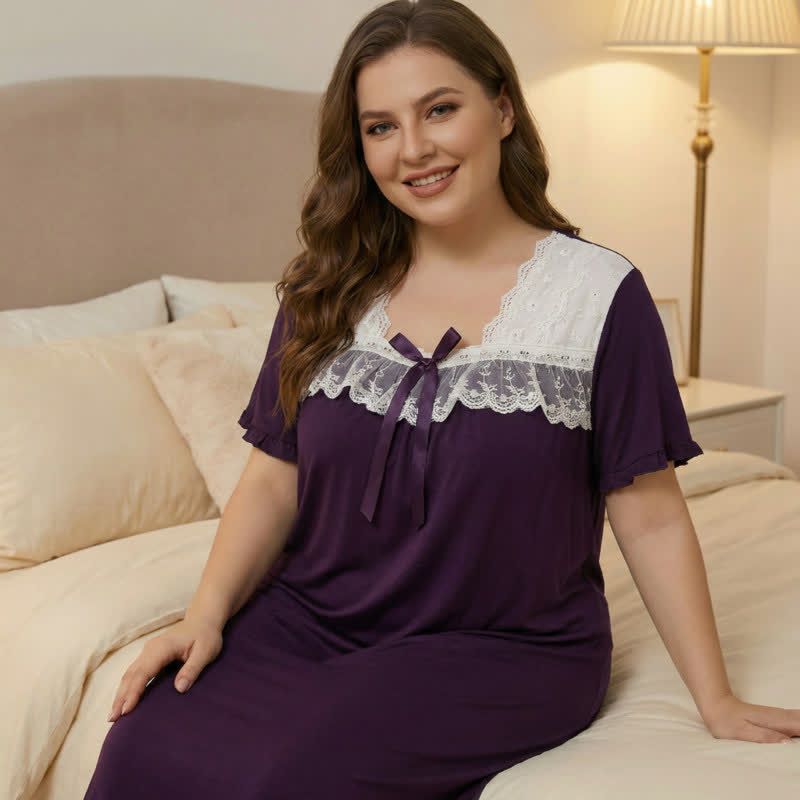 Bow Lace Trim Loungewear - Purple - 4XL - image 8