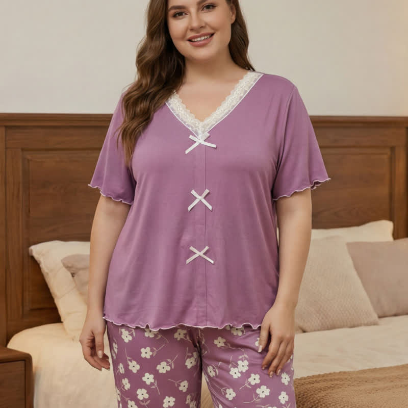 Flower Lace Bow Pajama Set - Light Purple - 4XL - image 3