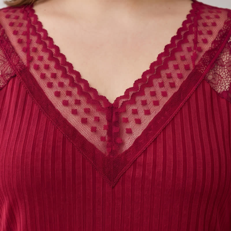 Ribbed Lace Trim V Neck Pajama Set - image 9