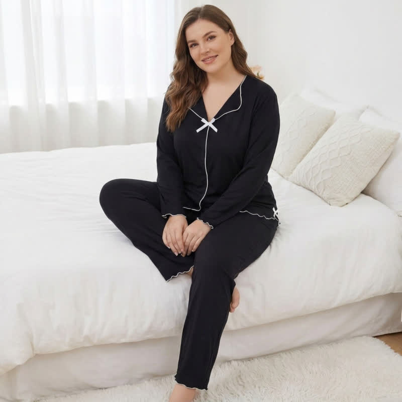 Bow Long Sleeve Pajama Set - Black - 4XL - image 4