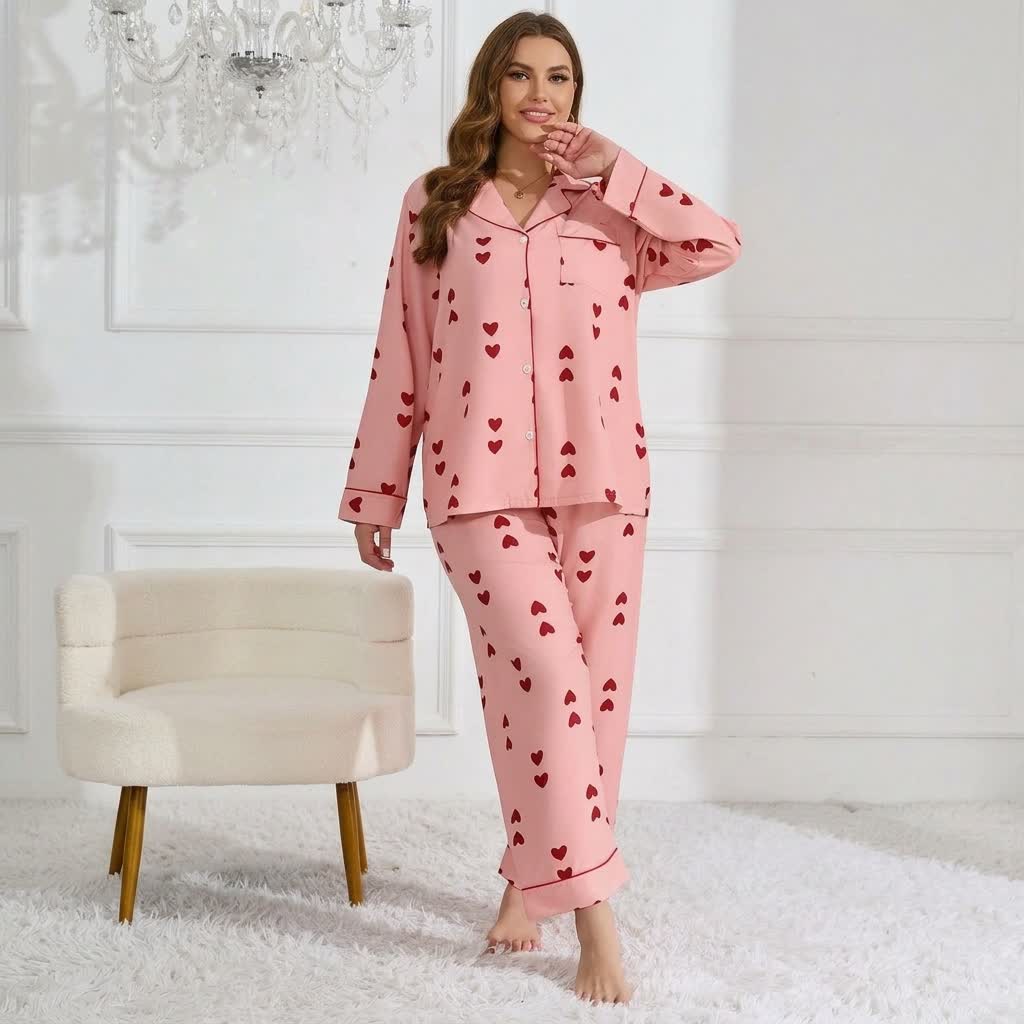 Heart Print Satin Pajama Set - Pink - 4XL - image 9