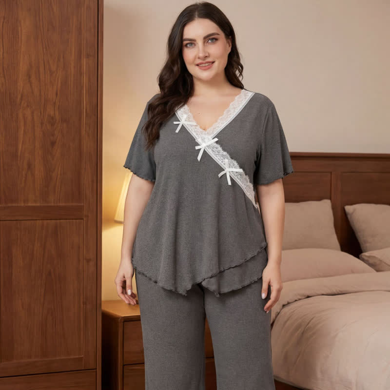Plus Size Soft Pink Lace Trim Pajama Set - Gray - 4XL - image 6