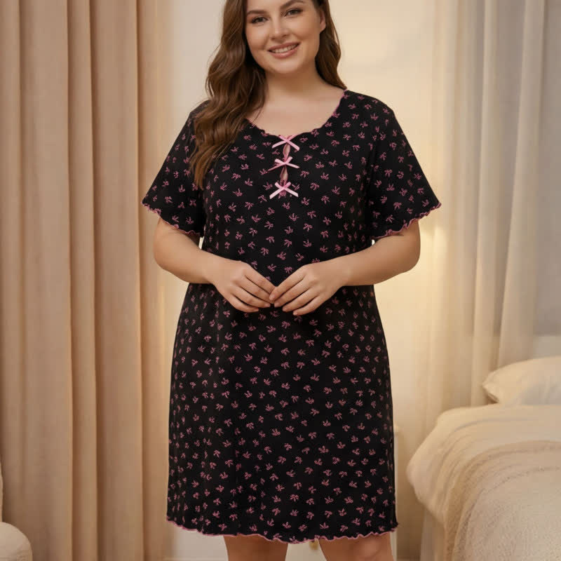 Small Floral Print Bow Trim Nightgown - Black - 4XL - image 5