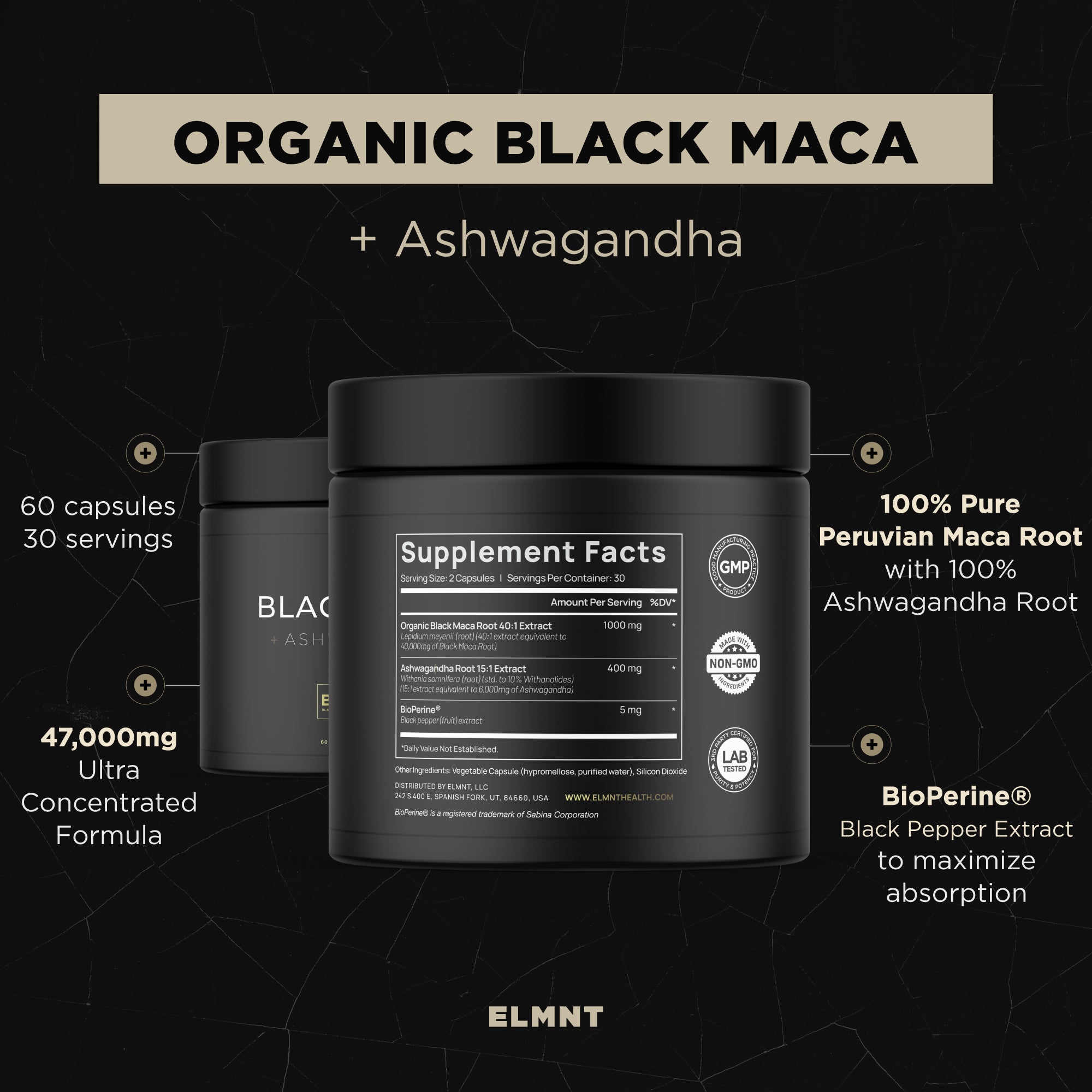 40x Strength Organic Black Maca Root w. Ashwagandha - #1 Highest Potency Black Maca Root Capsules for Men Supplement 40:1 Extract