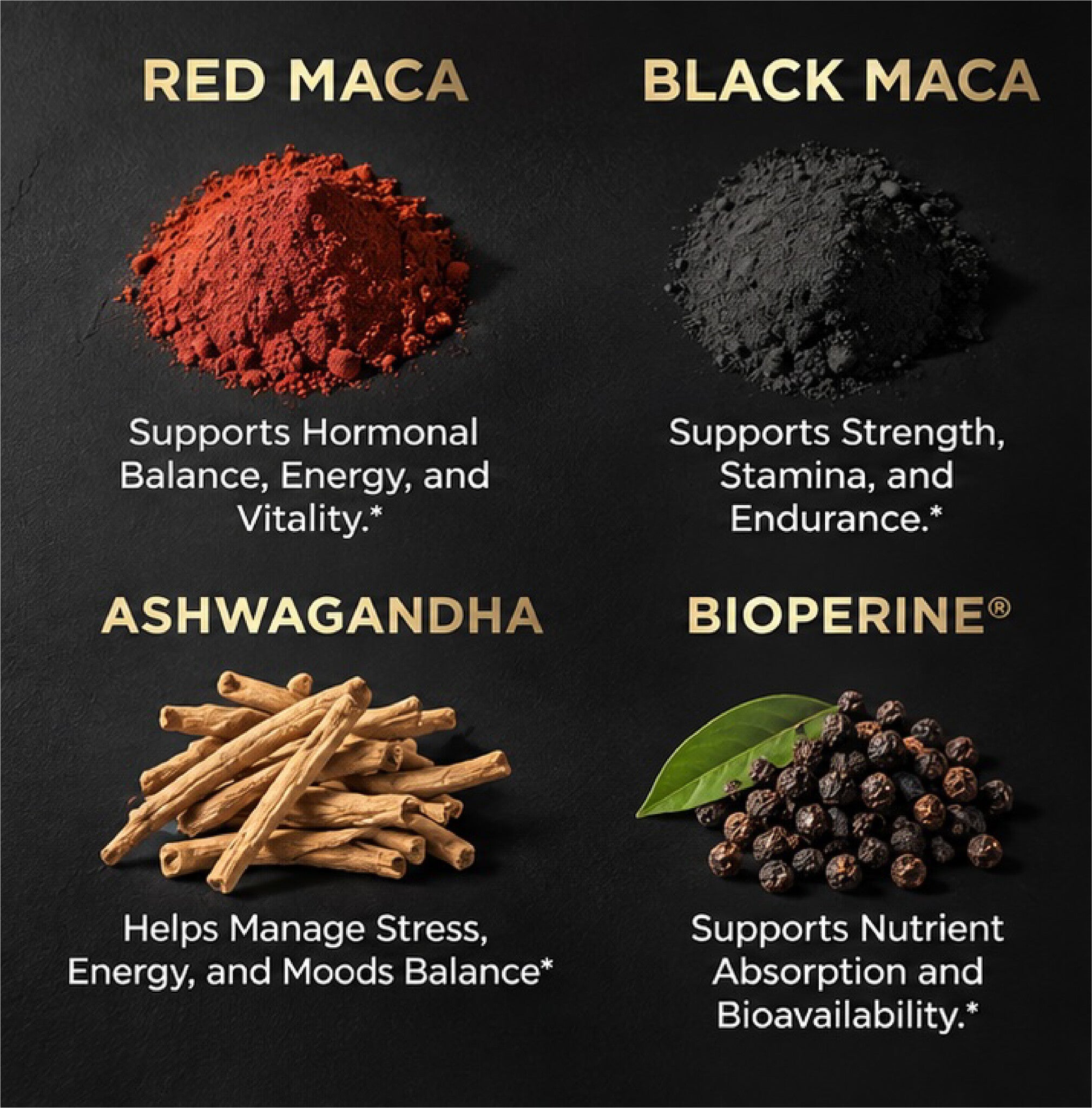 Women's Red Maca Root w. 30:1 Organic Red Maca, 40:1 Black Maca, KSM-66® Ashwagandha & BioPerine®