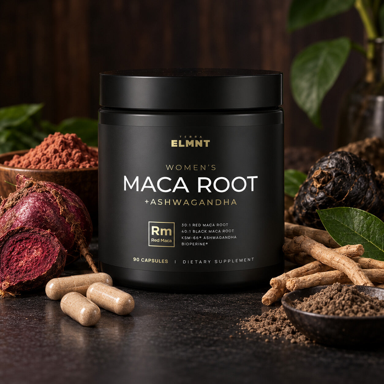 Women's Red Maca Root w. 30:1 Organic Red Maca, 40:1 Black Maca, KSM-66® Ashwagandha & BioPerine®