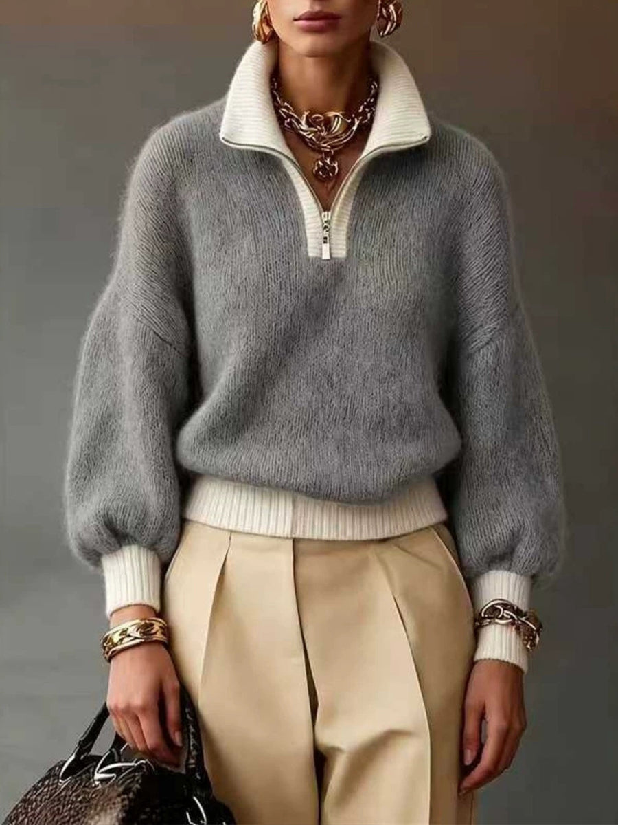 CLEARANCE SALE🔥Women's Chic Lavender Contrast-Trim Half-Zip Sweater