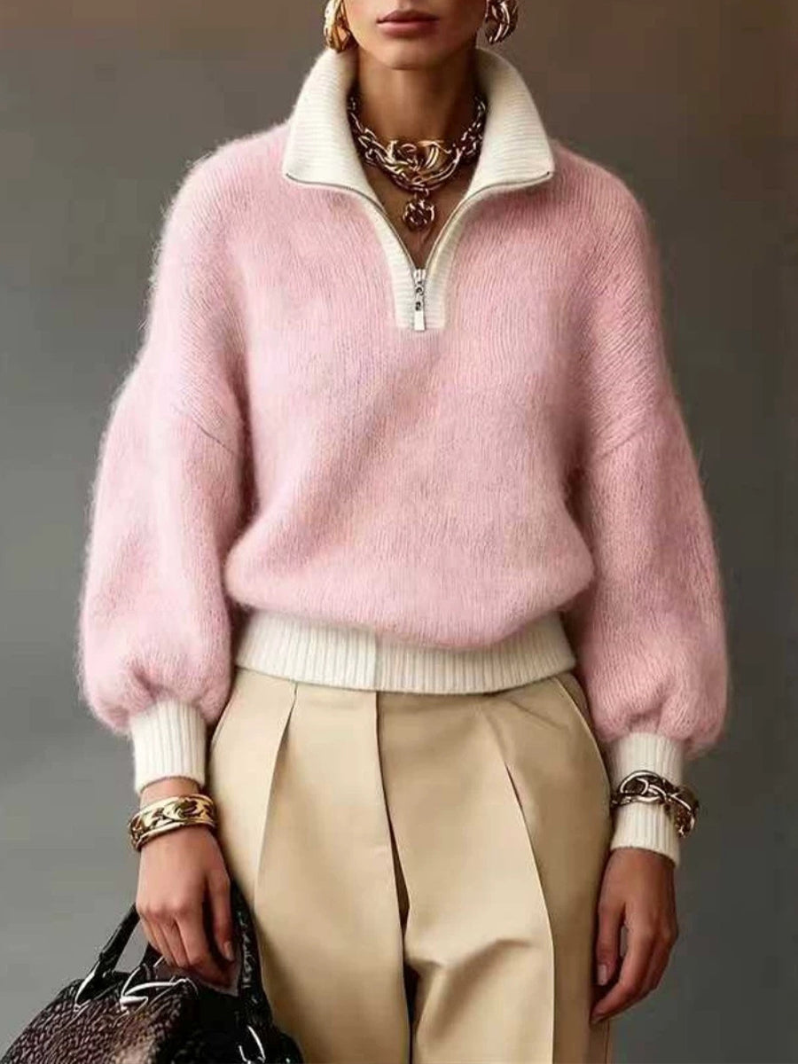 CLEARANCE SALE🔥Women's Chic Lavender Contrast-Trim Half-Zip Sweater