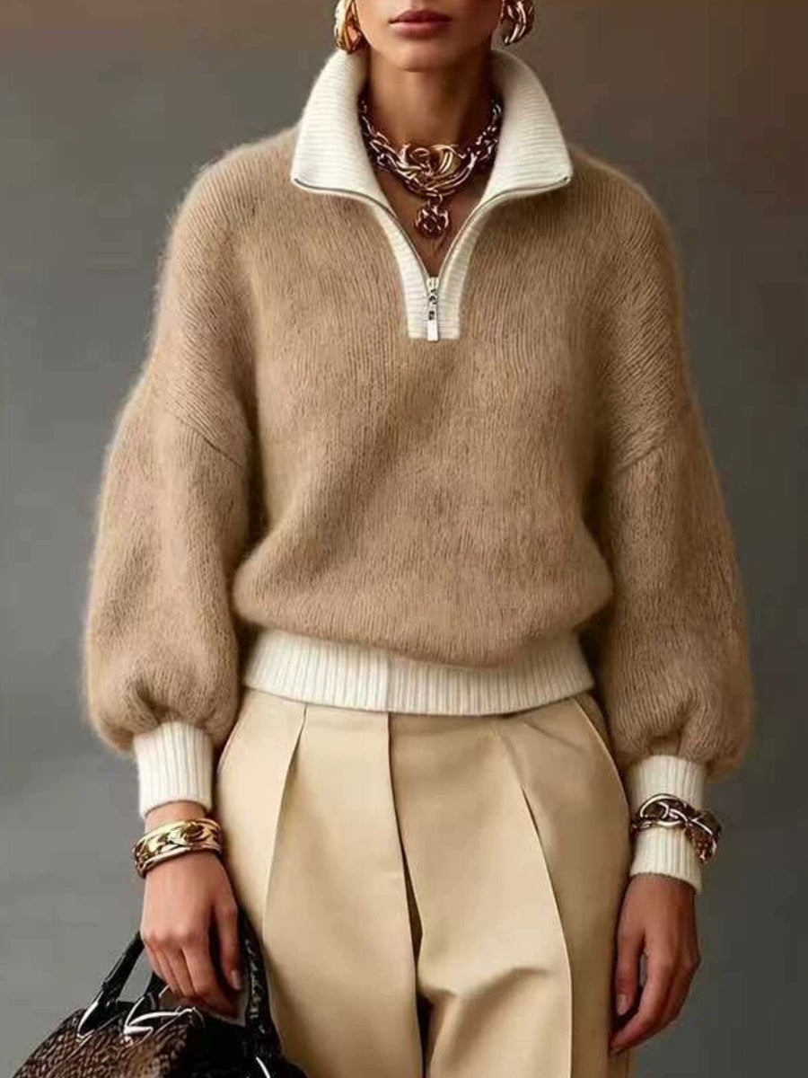 CLEARANCE SALE🔥Women's Chic Lavender Contrast-Trim Half-Zip Sweater