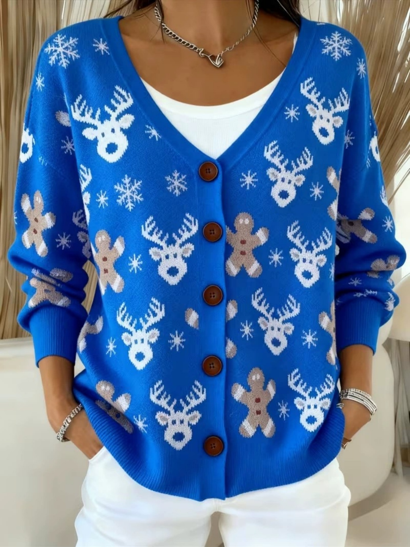 🎄 Women’s Christmas Reindeer Gingerbread Print V Neck Button Knit Cardigan