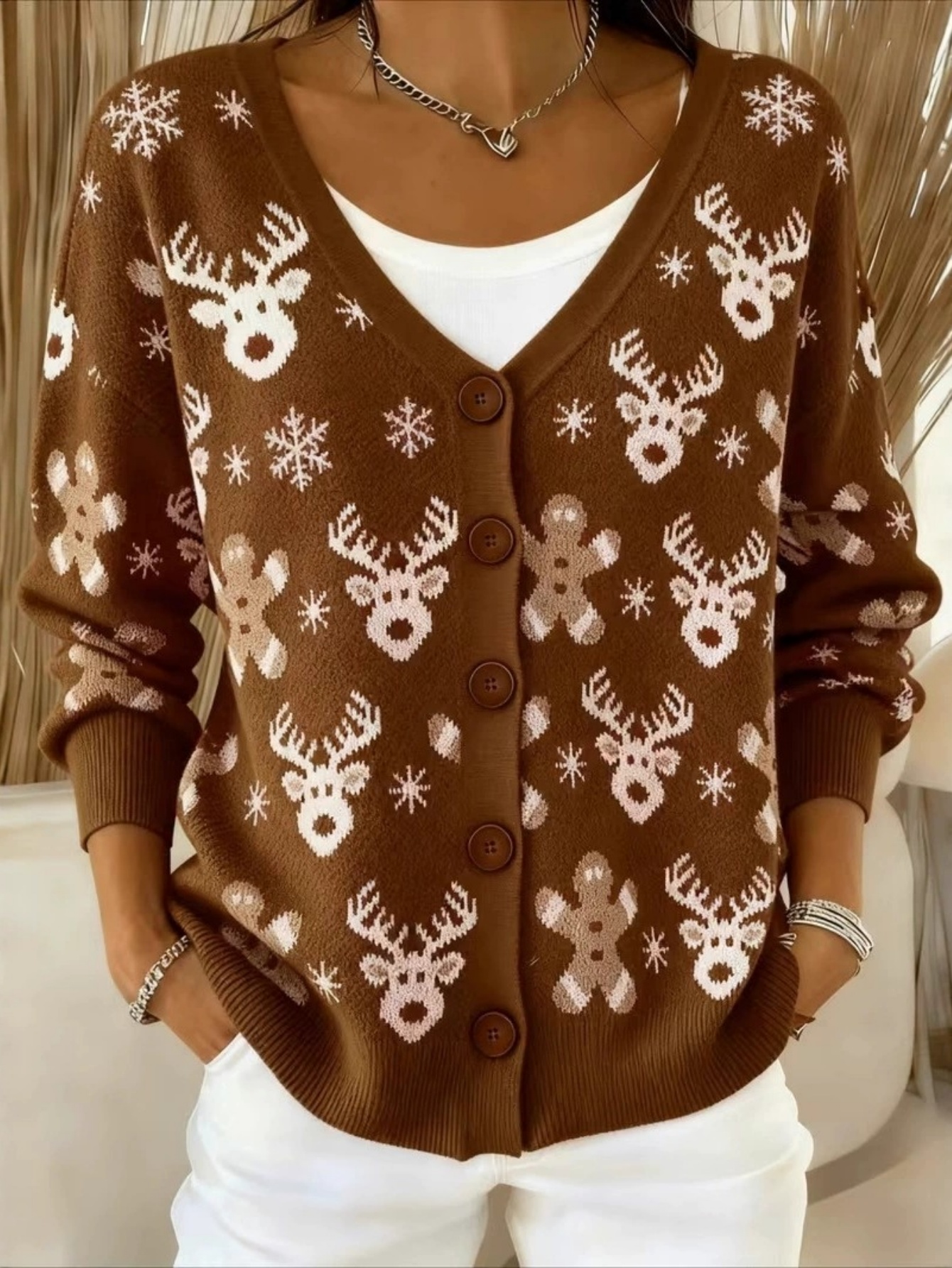 🎄 Women’s Christmas Reindeer Gingerbread Print V Neck Button Knit Cardigan