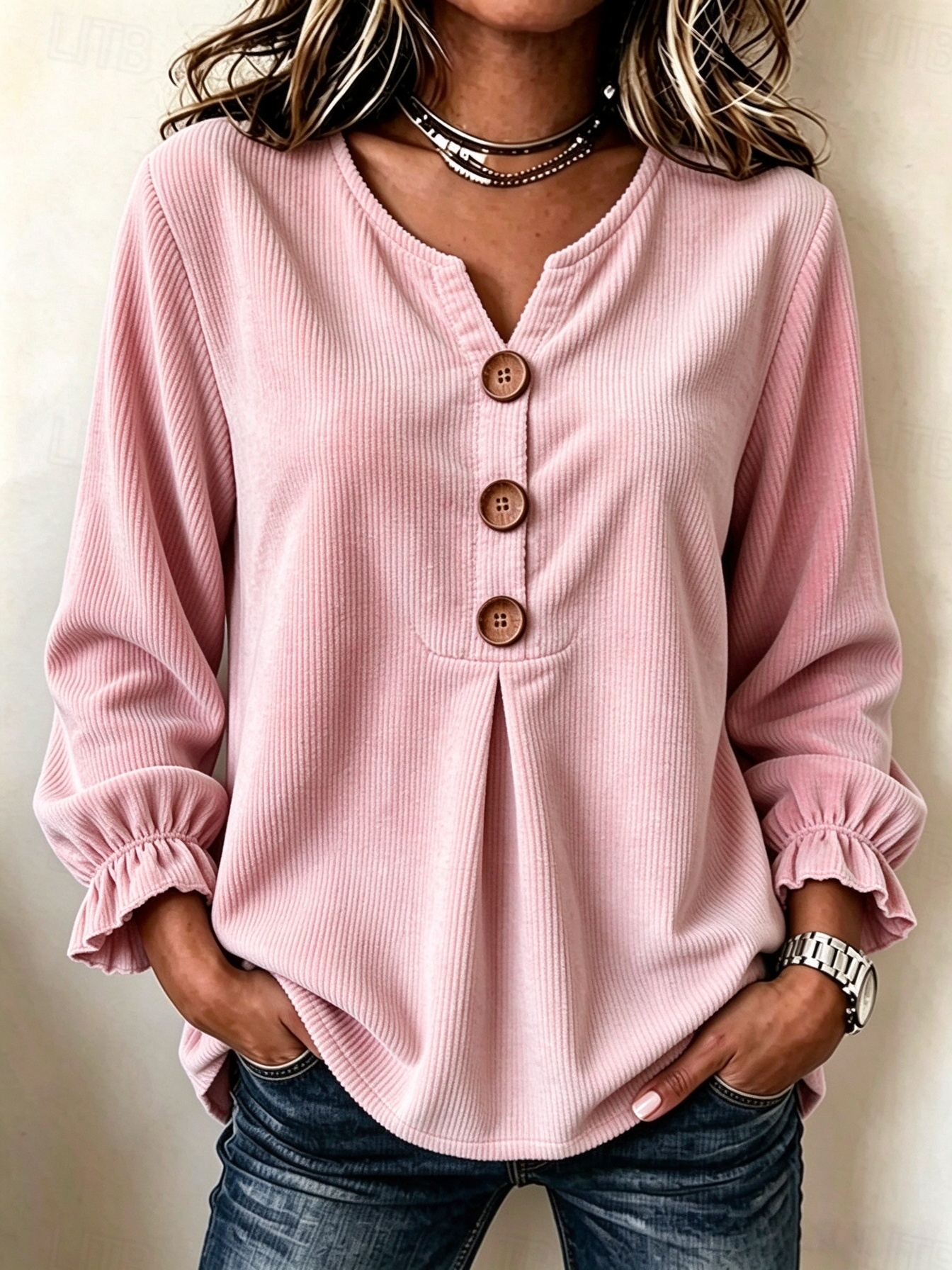🍁 Women’s Casual V-Neck Top Button Front Long Sleeve Blouse