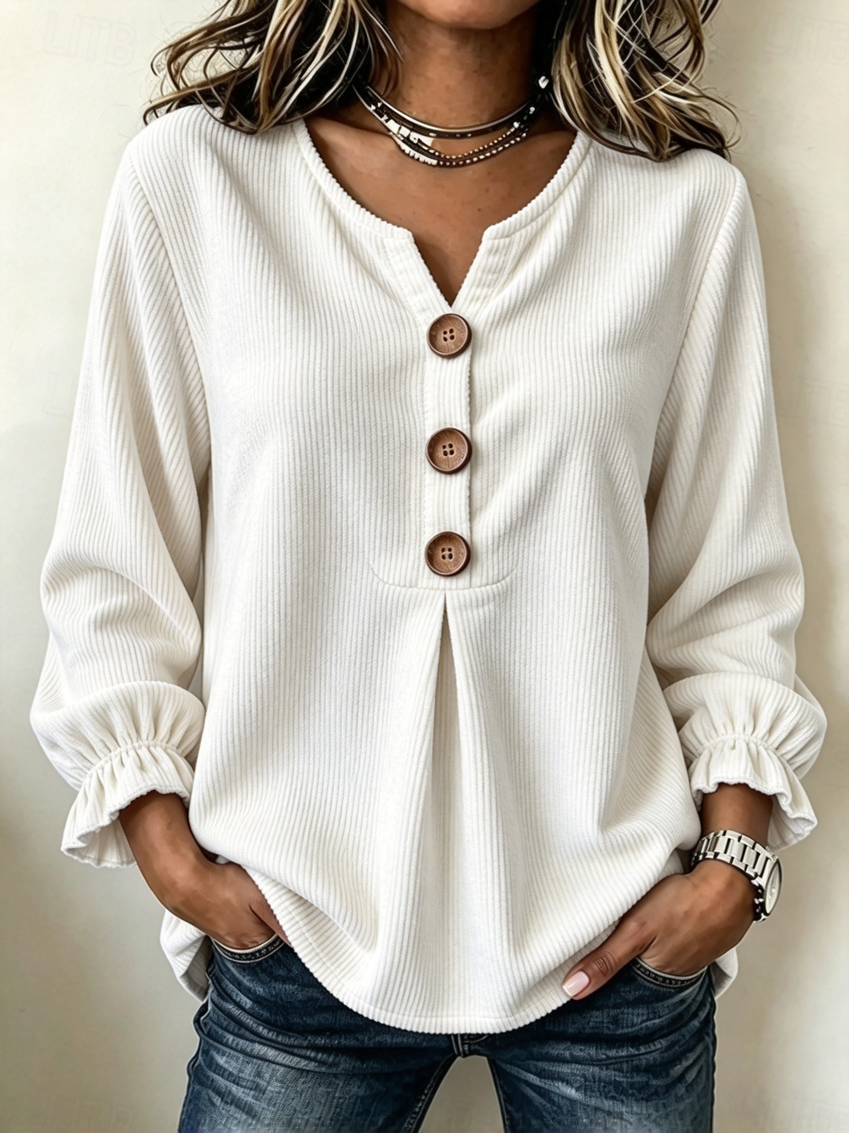 🍁 Women’s Casual V-Neck Top Button Front Long Sleeve Blouse