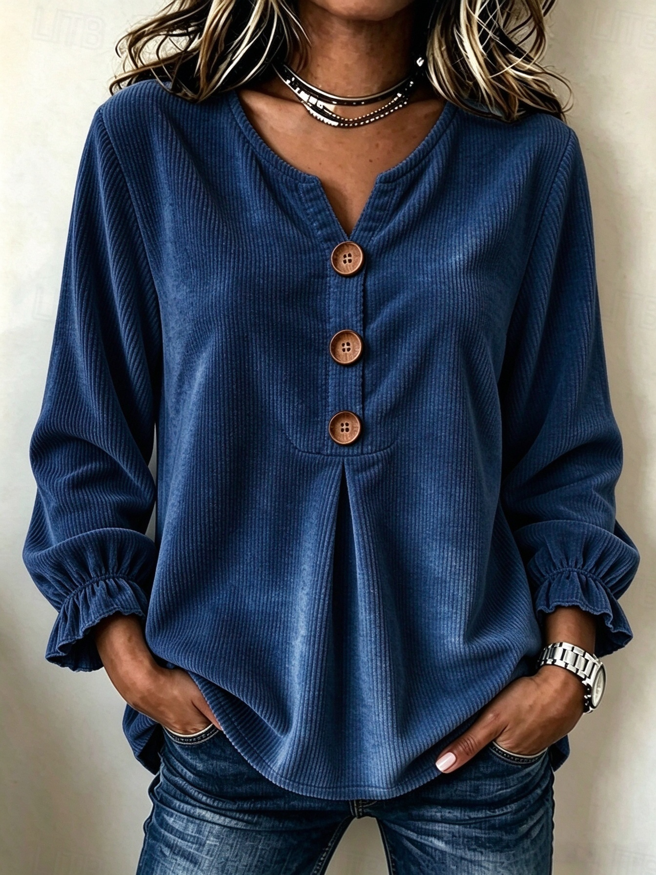🍁 Women’s Casual V-Neck Top Button Front Long Sleeve Blouse