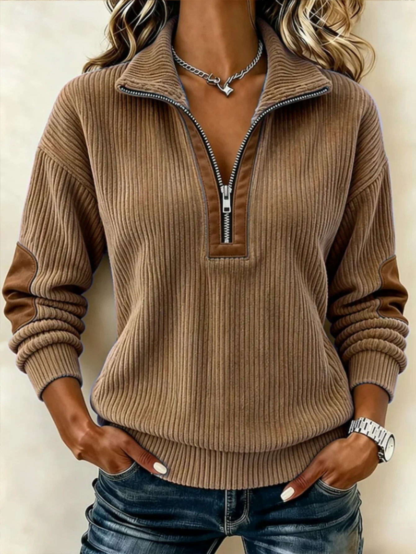 🍂 Women’s Casual Stand Collar Top Half-Zip Contrast Patch Long Sleeve Pullover