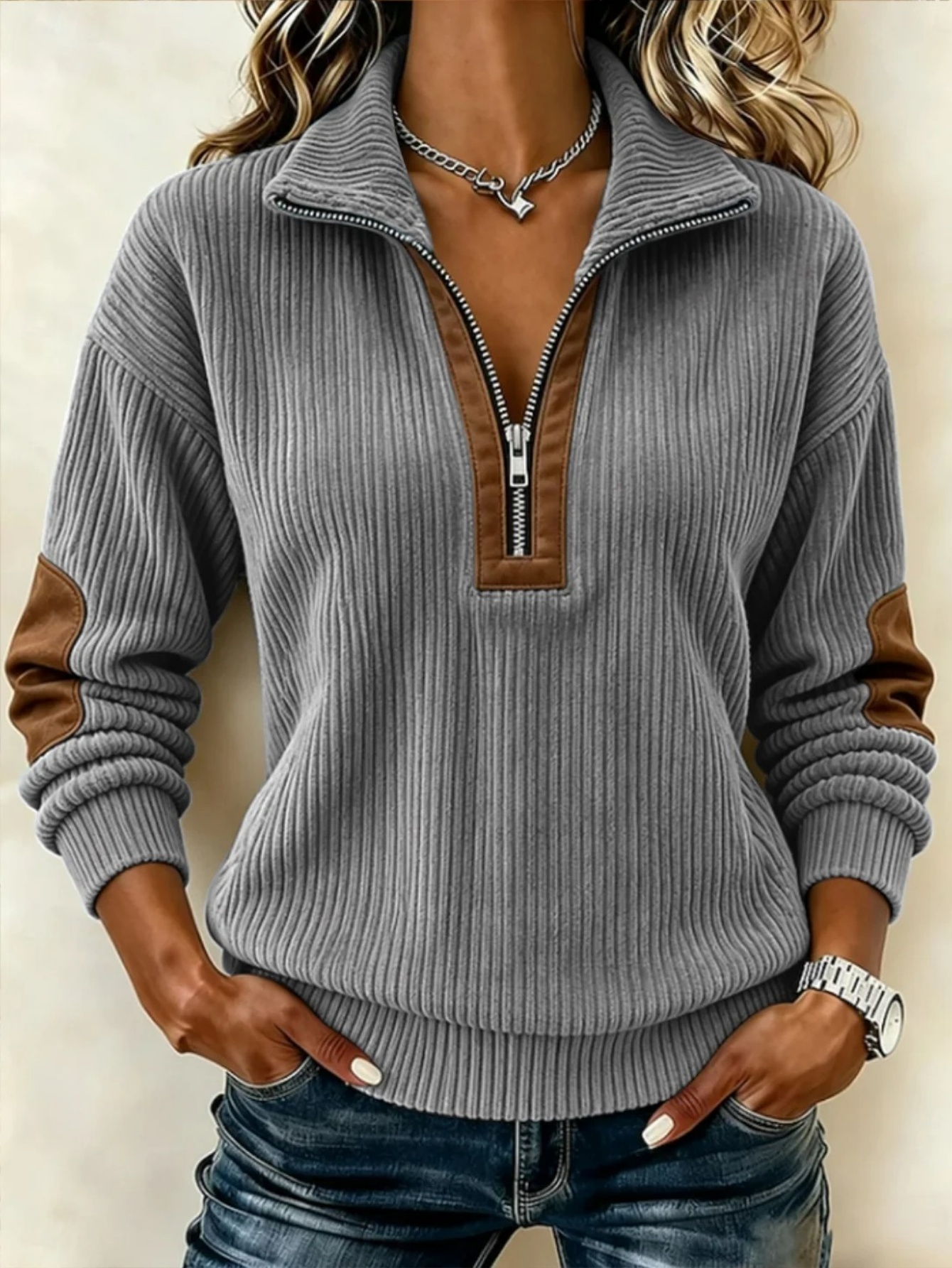 🍂 Women’s Casual Stand Collar Top Half-Zip Contrast Patch Long Sleeve Pullover