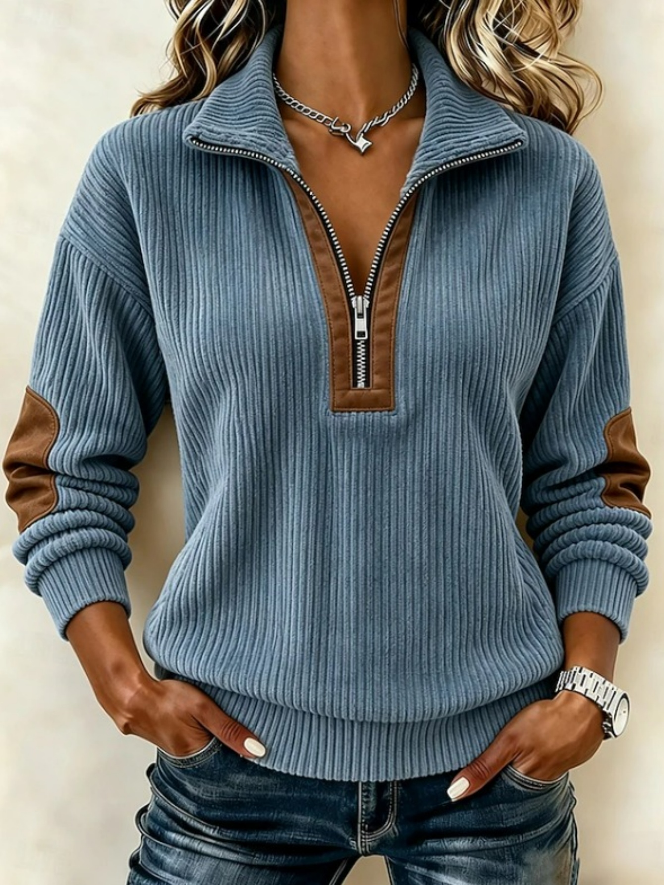 🍂 Women’s Casual Stand Collar Top Half-Zip Contrast Patch Long Sleeve Pullover