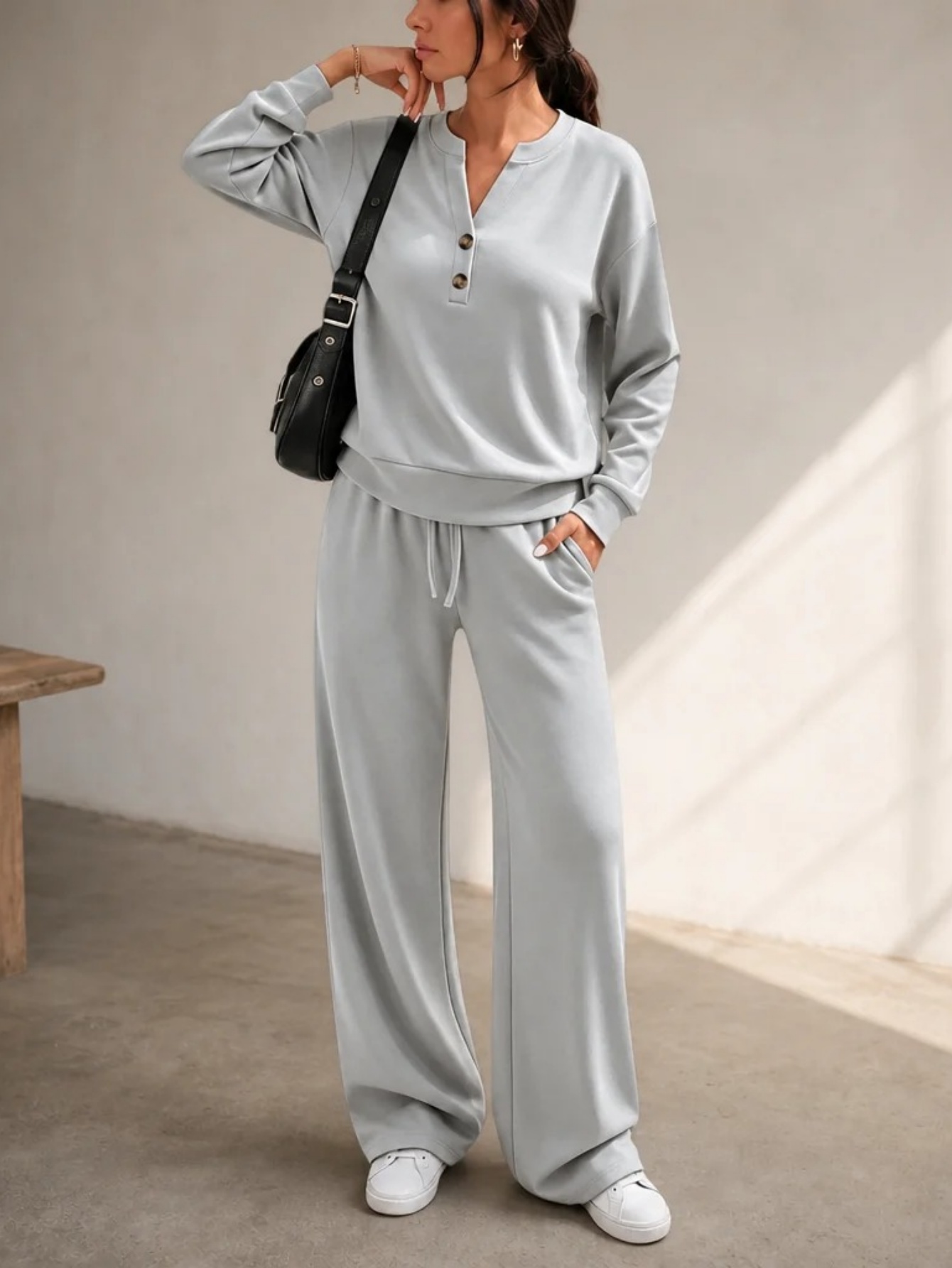 ✨Women’s Casual Small V-Neck Top & Wide Leg Pants Set 2-Piece Loungewear