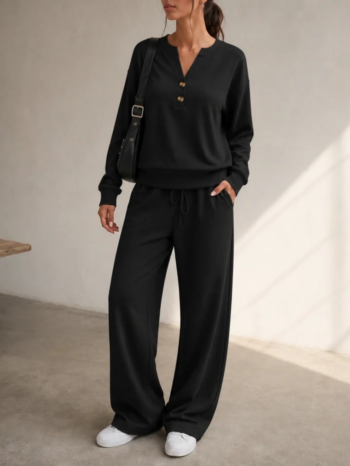 ✨Women’s Casual Small V-Neck Top & Wide Leg Pants Set 2-Piece Loungewear