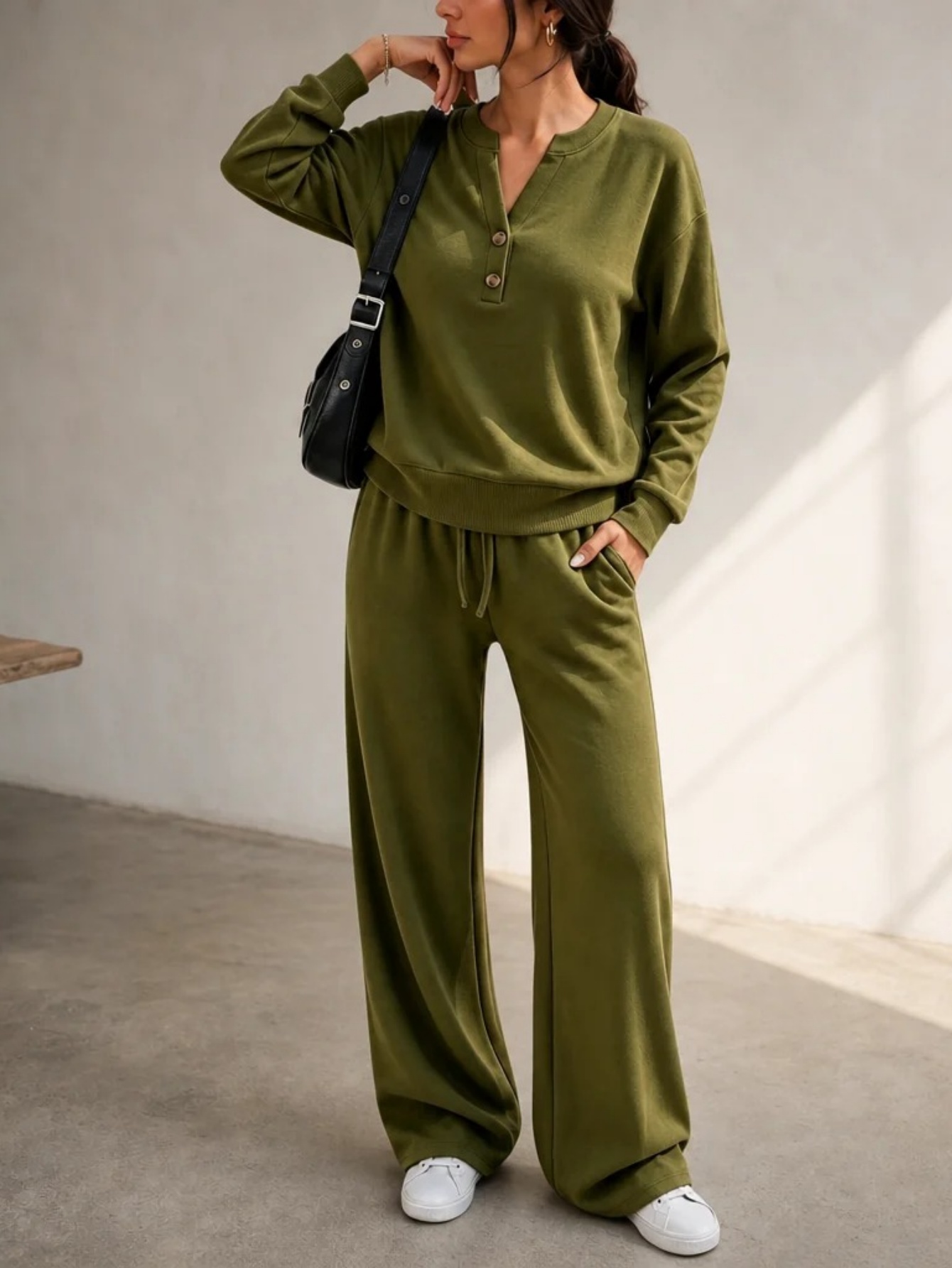 ✨Women’s Casual Small V-Neck Top & Wide Leg Pants Set 2-Piece Loungewear