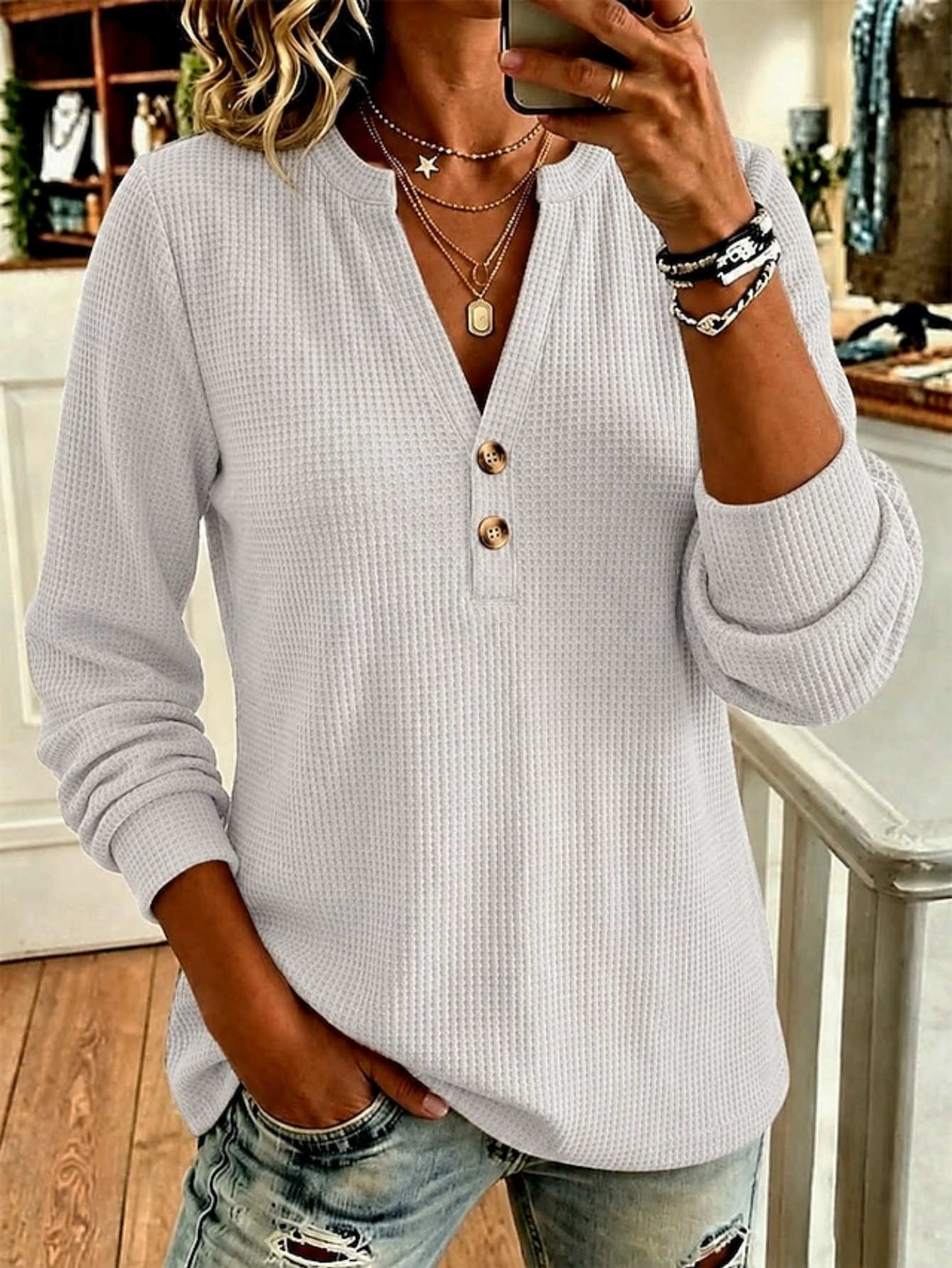 🍁 Women’s Casual Small V-Neck Top Button Detail Long Sleeve Blouse