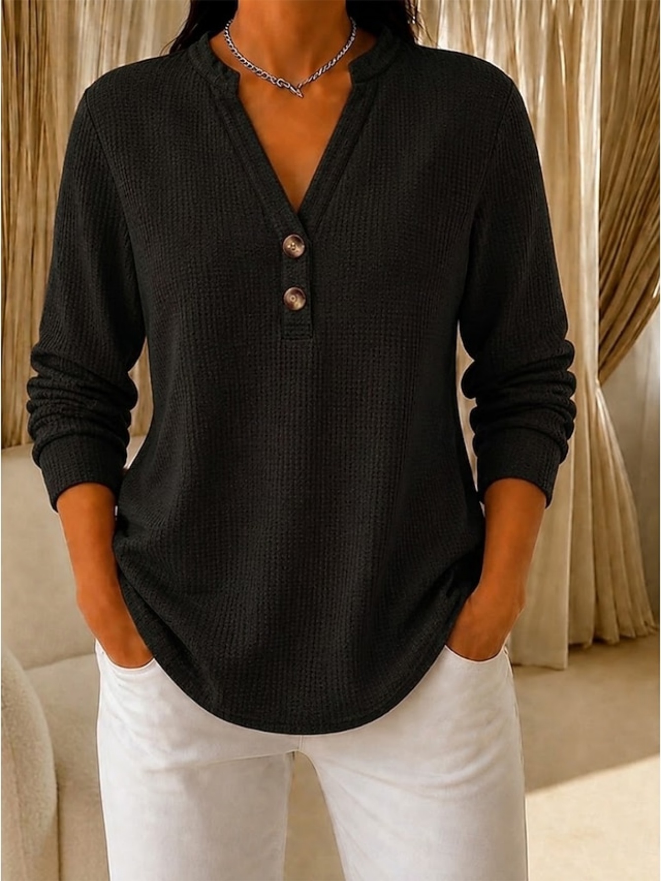 🍁 Women’s Casual Small V-Neck Top Button Detail Long Sleeve Blouse