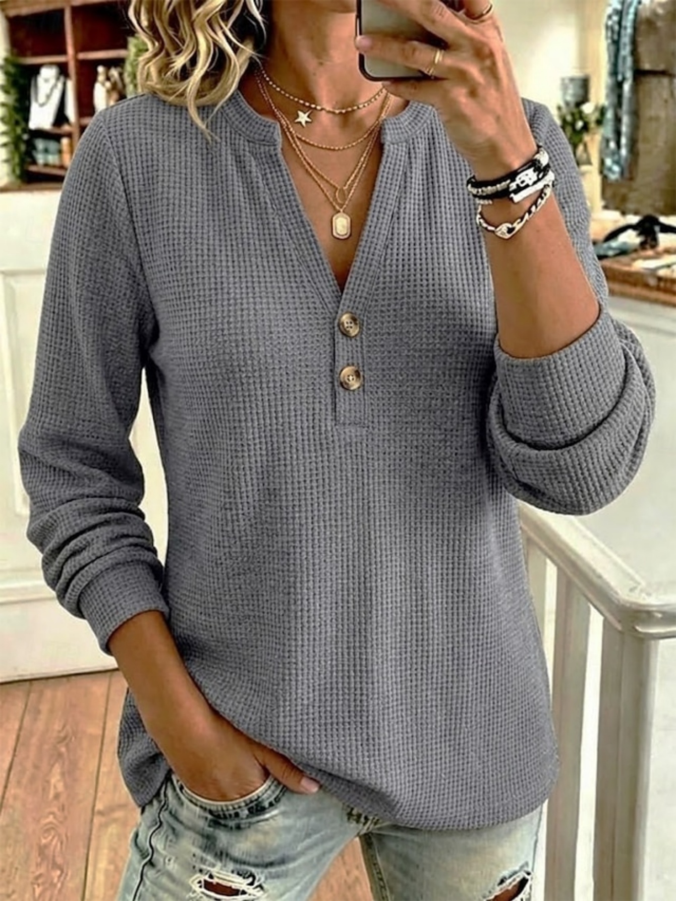 🍁 Women’s Casual Small V-Neck Top Button Detail Long Sleeve Blouse