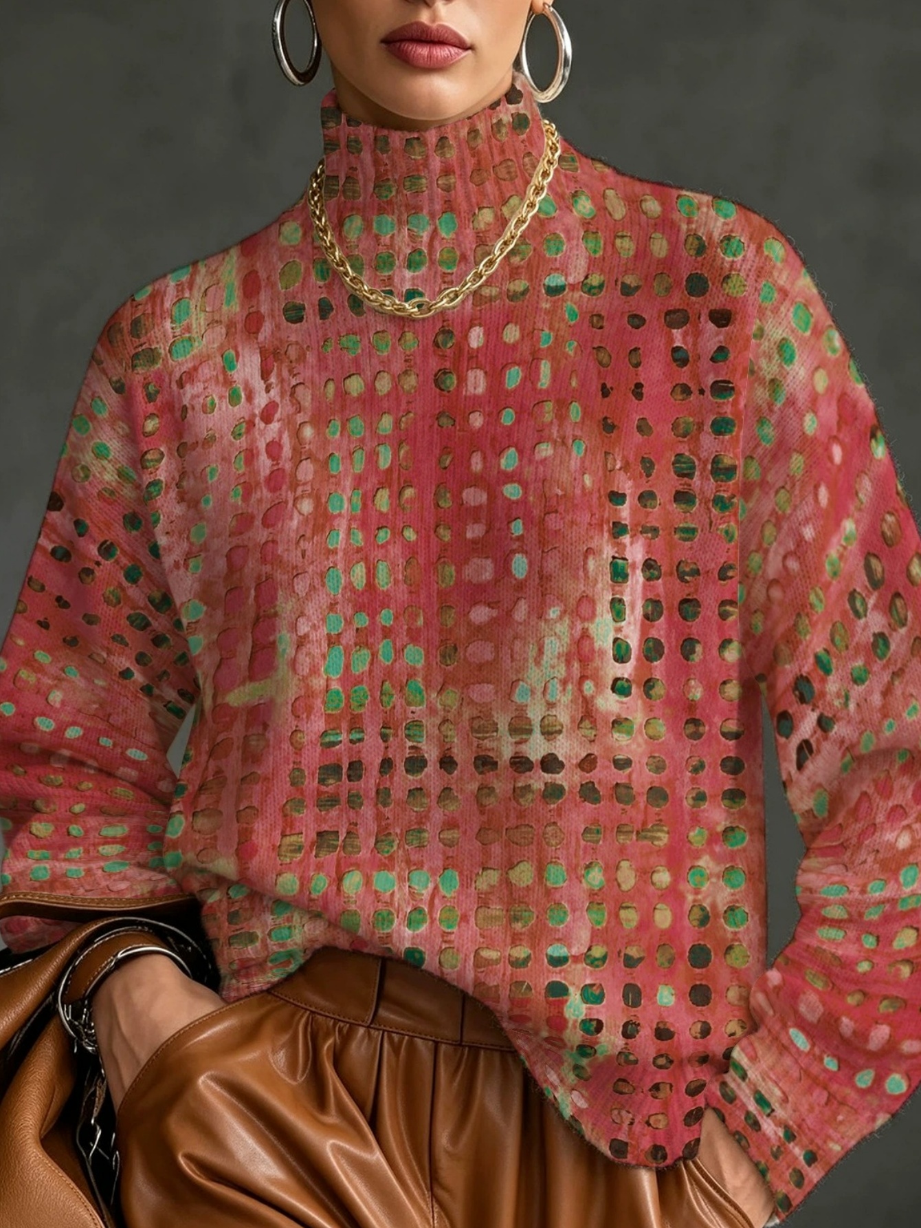 🤎Women’s Casual Patterned Turtleneck Top Long Sleeve Ribbed Knit Sweater