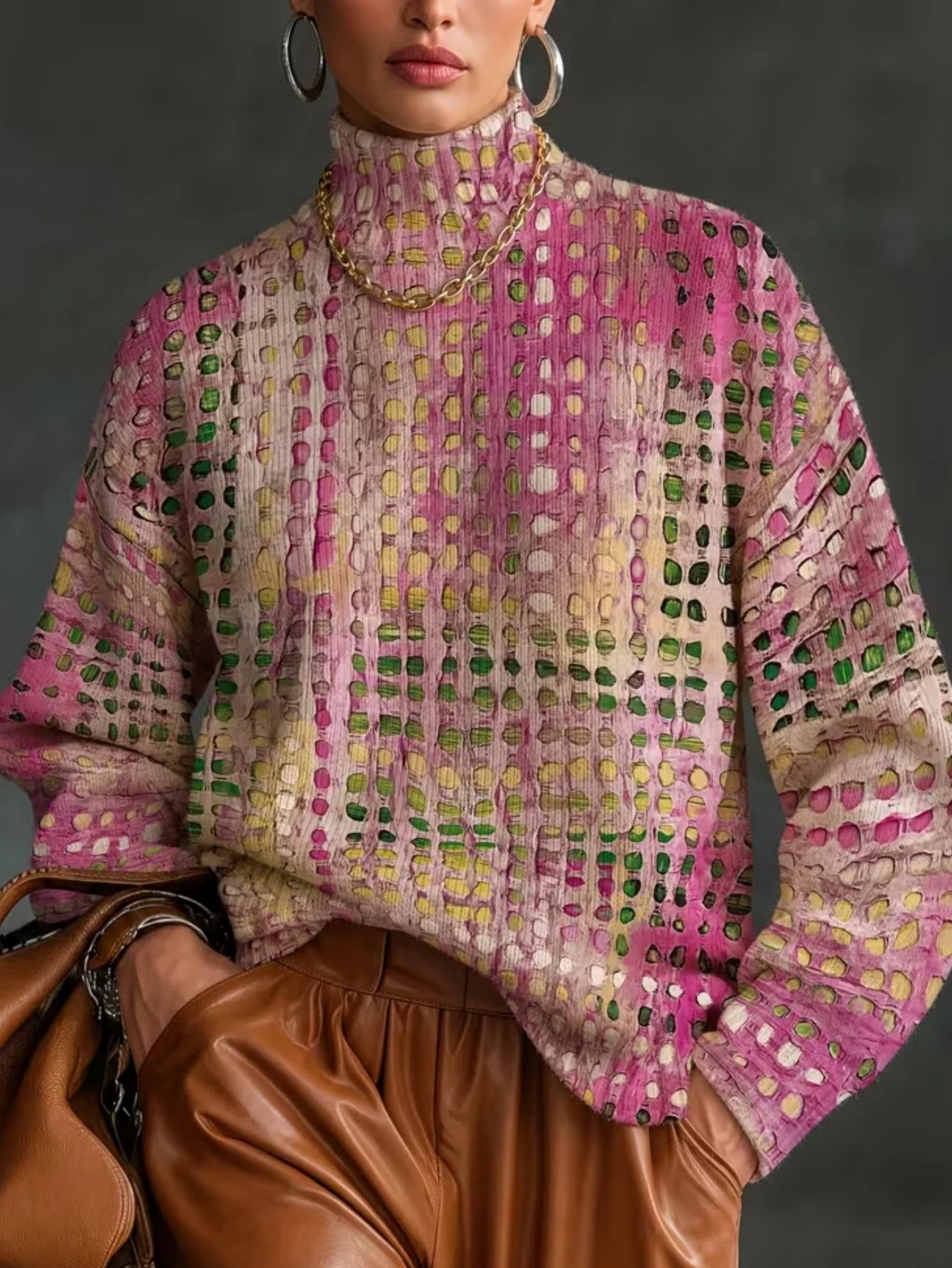 🤎Women’s Casual Patterned Turtleneck Top Long Sleeve Ribbed Knit Sweater