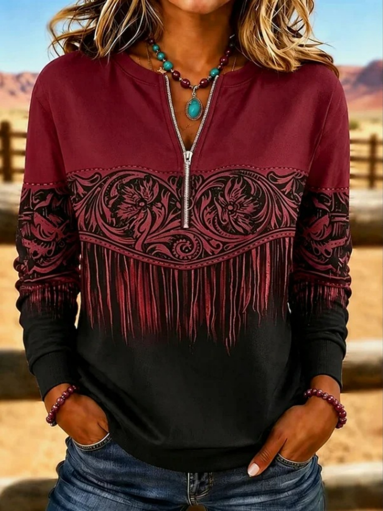 🌵Women’s Casual Printed Half-Zip Top Western Long Sleeve Blouse