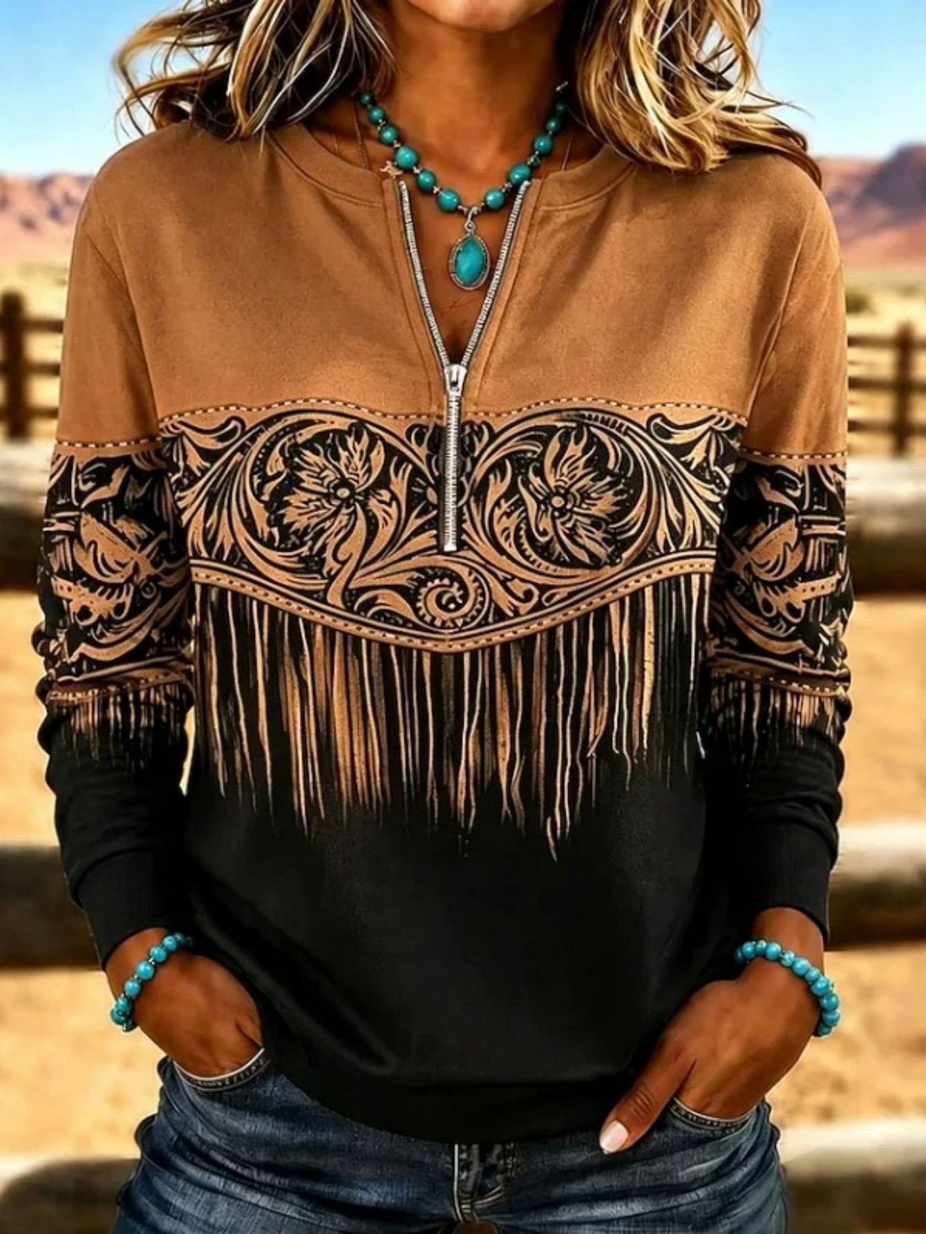 🌵Women’s Casual Printed Half-Zip Top Western Long Sleeve Blouse