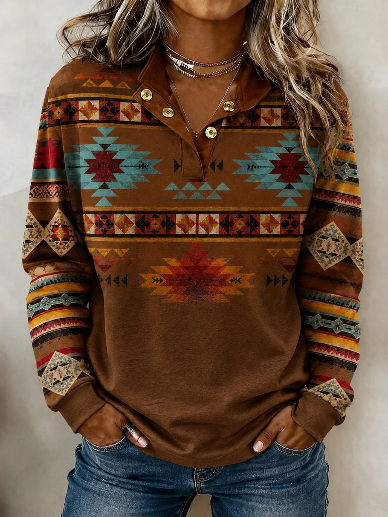 🌄 Women’s Casual Aztec Geometric Patterns Mock Neck Top Aztec Long Sleeve Blouse