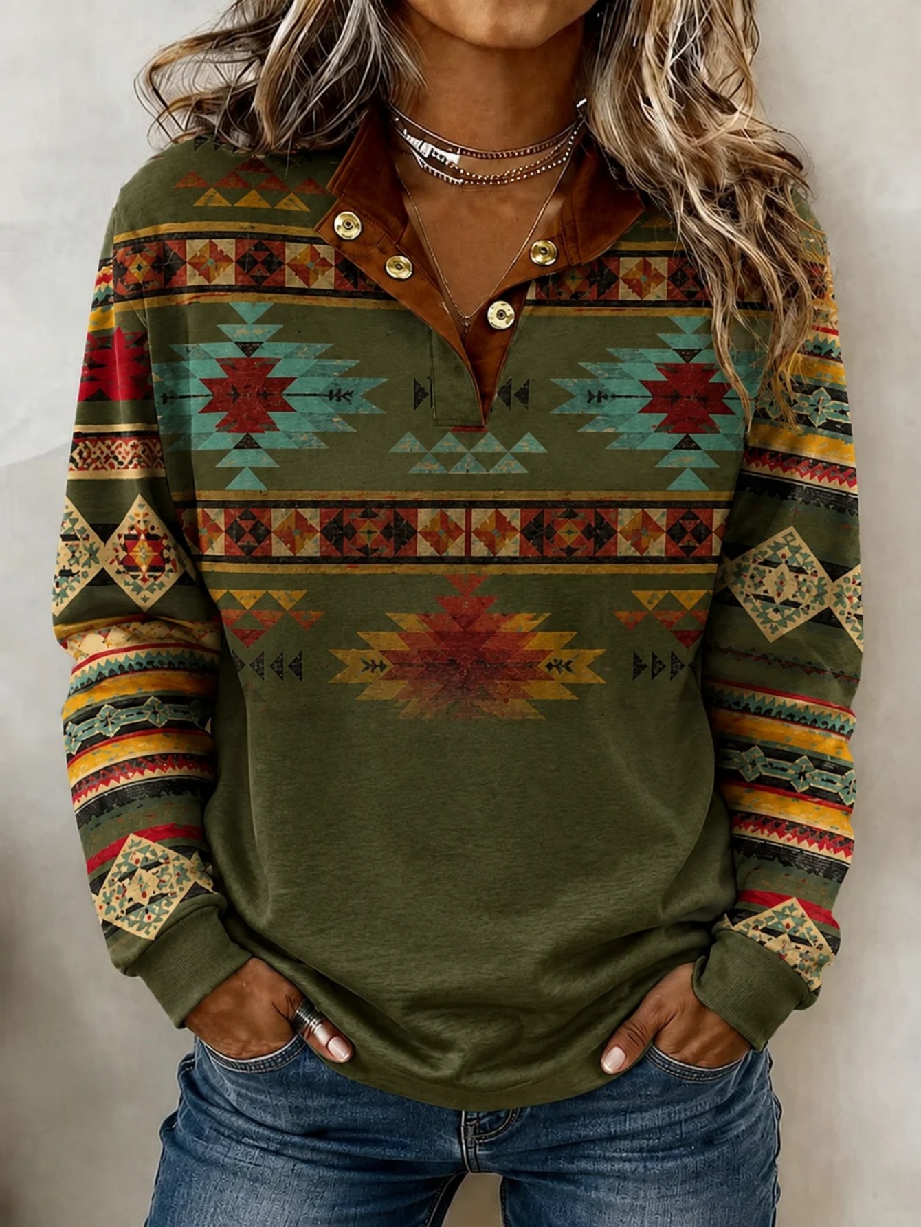🌄 Women’s Casual Aztec Geometric Patterns Mock Neck Top Aztec Long Sleeve Blouse