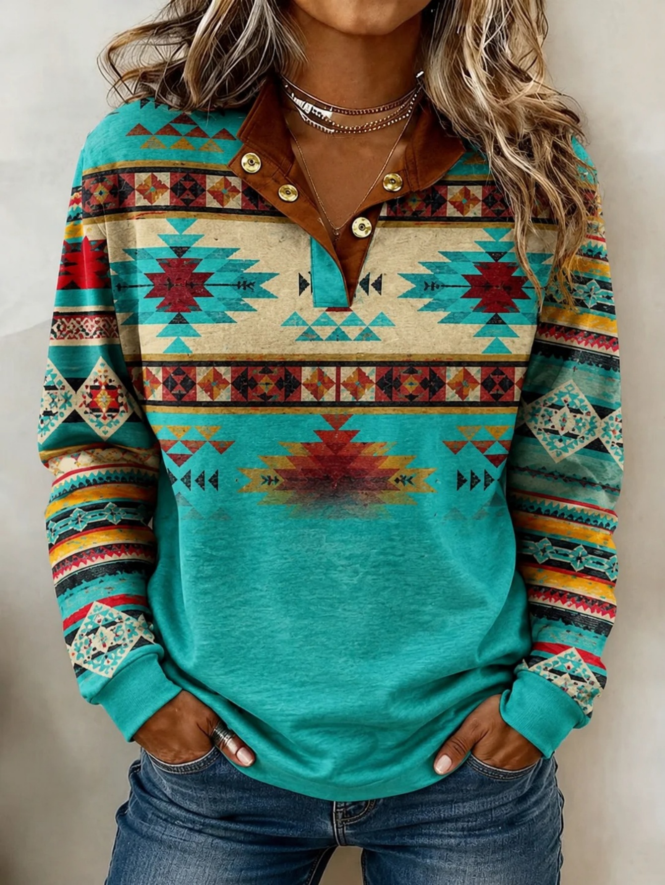🌄 Women’s Casual Aztec Geometric Patterns Mock Neck Top Aztec Long Sleeve Blouse