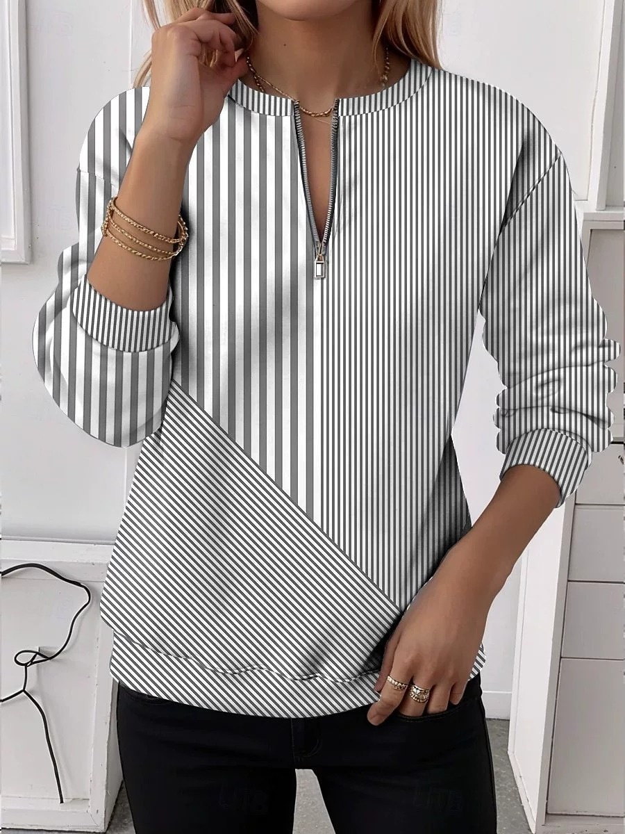 ✨ Women’s Casual Striped Top Half-Zip Long Sleeve Shirt