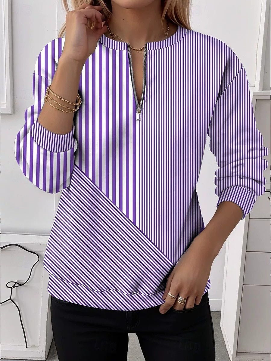 ✨ Women’s Casual Striped Top Half-Zip Long Sleeve Shirt