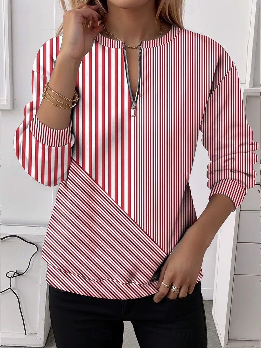 ✨ Women’s Casual Striped Top Half-Zip Long Sleeve Shirt