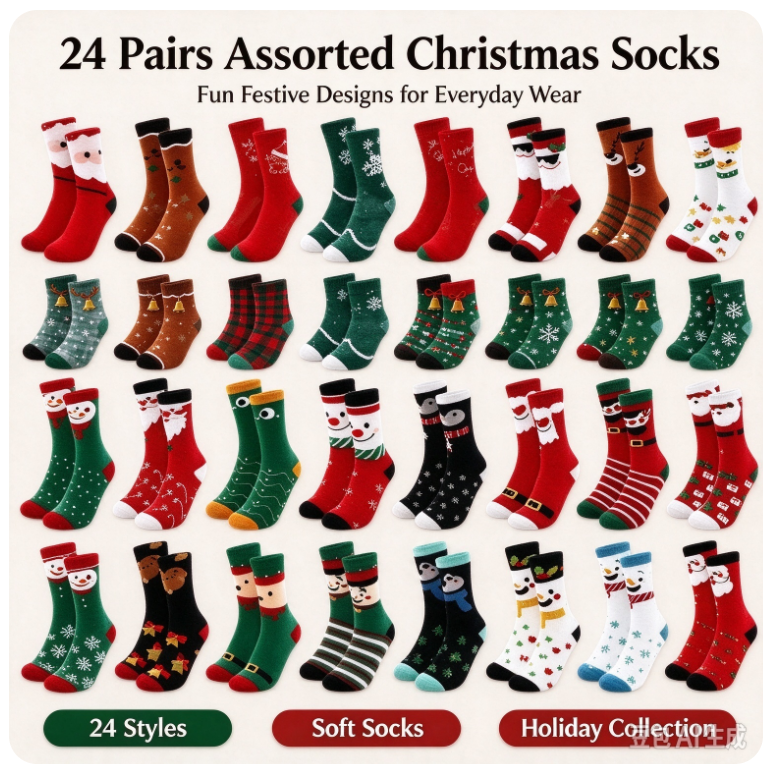 VOXIRA Christmas Socks Advent Calendar, 24 Pairs Festive Socks Countdown Box