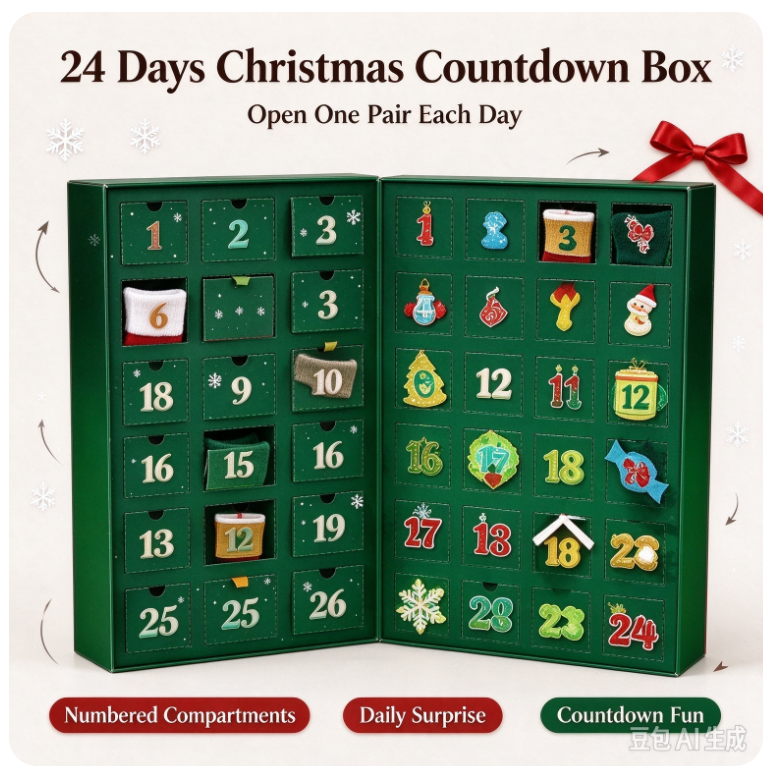 VOXIRA Christmas Socks Advent Calendar, 24 Pairs Festive Socks Countdown Box