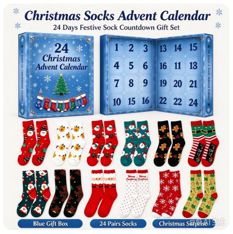 VOXIRA Christmas Socks Advent Calendar, 24 Pairs Holiday Socks Countdown Gift Box
